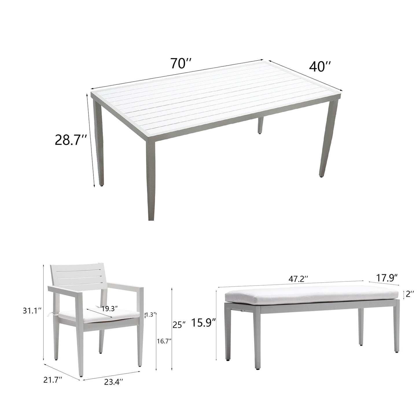 White slatted aluminum dining table L x W x H