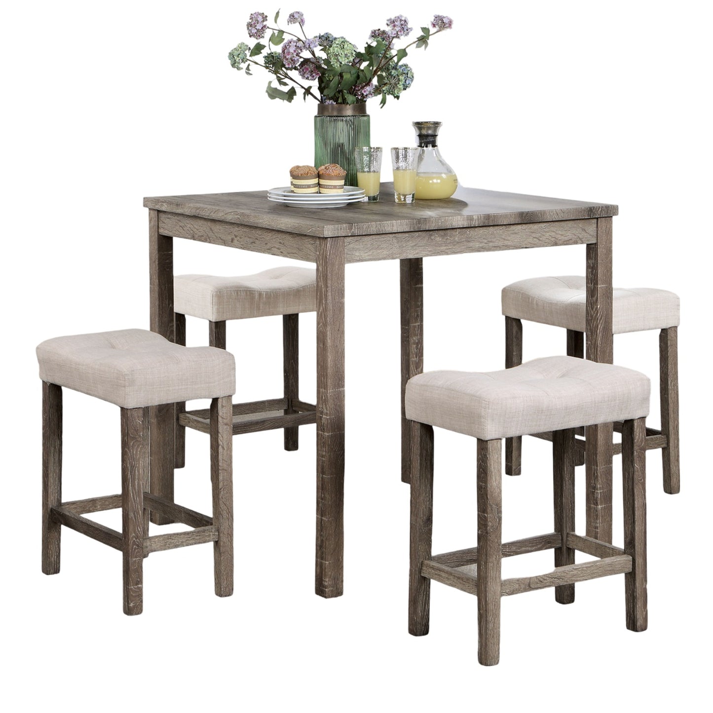 Gray wood piece counter height dining set with upholstered stools