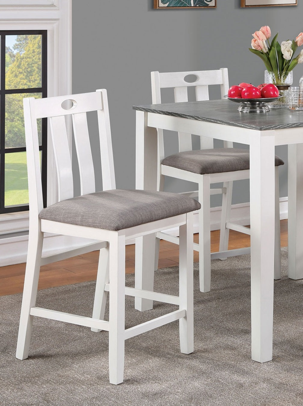 White wooden bar stool with grey upholstered seat and vertical slatted back