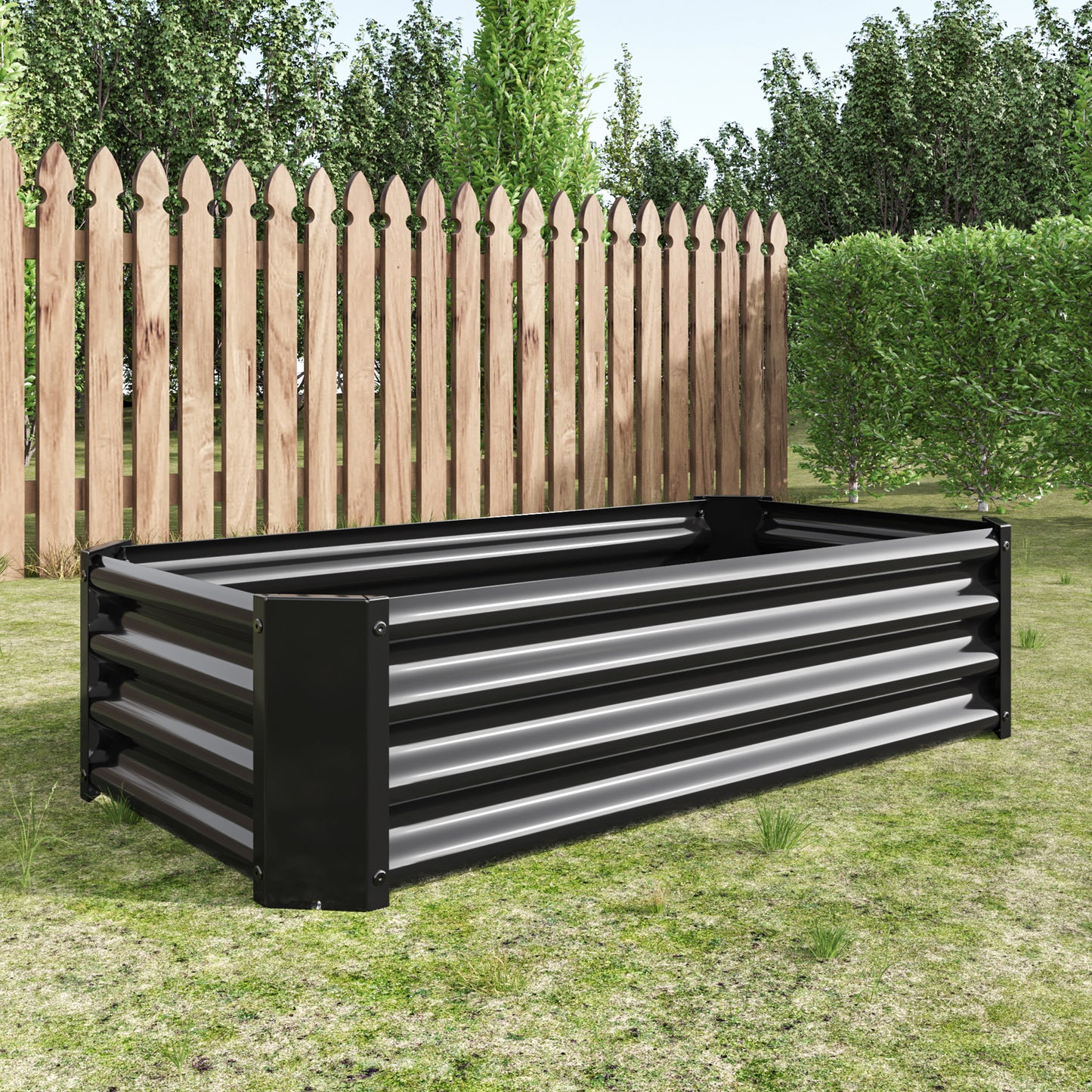 Black galvanized steel raised garden bed with corrugated panels for outdoor planting