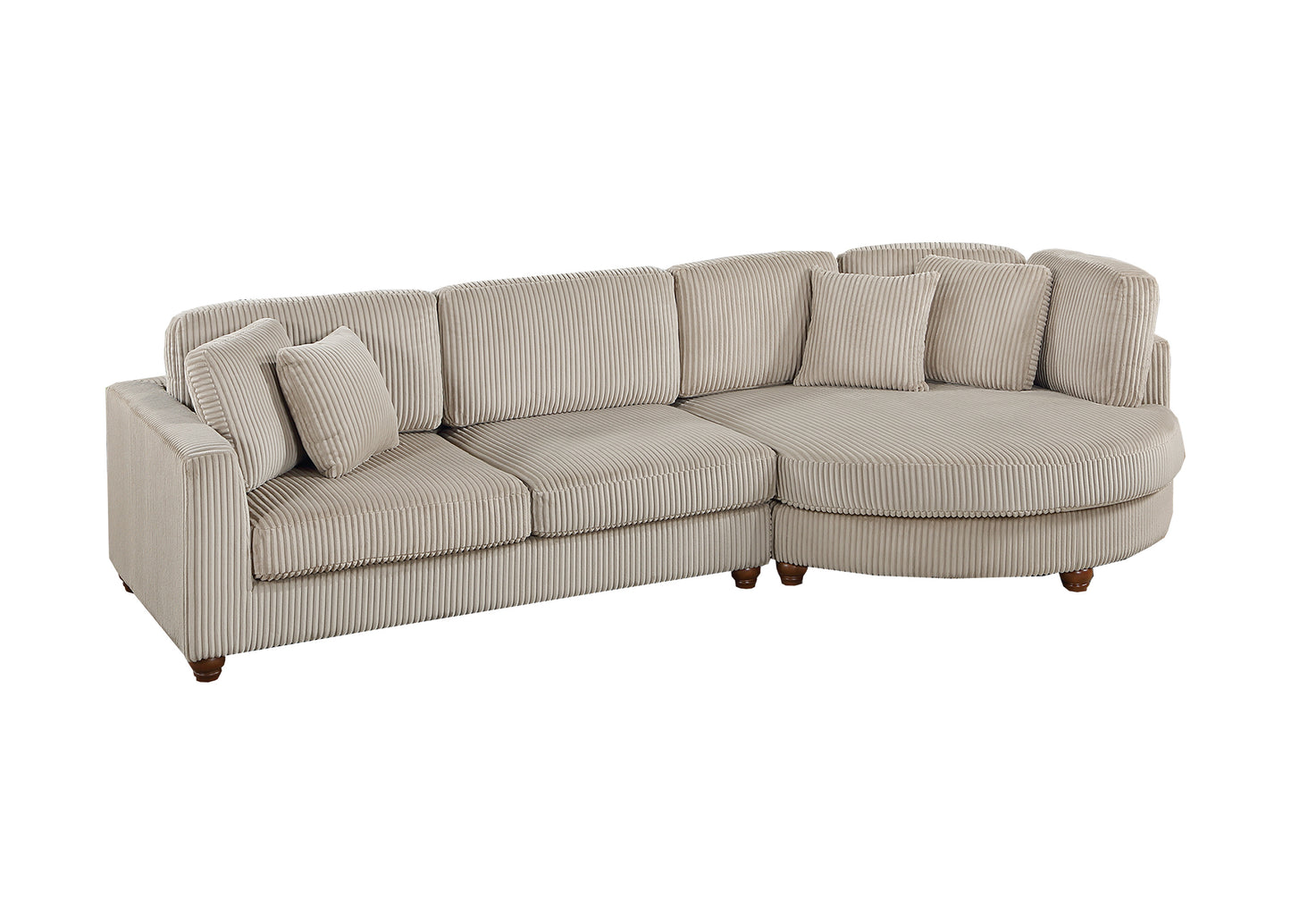 Beige corduroy sectional sofa with plush cushions and rounded chaise