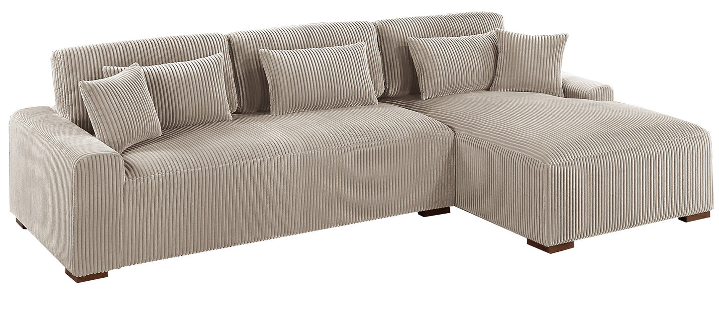 Beige corduroy sectional sofa with plush throw pillows for cozy living room comfort