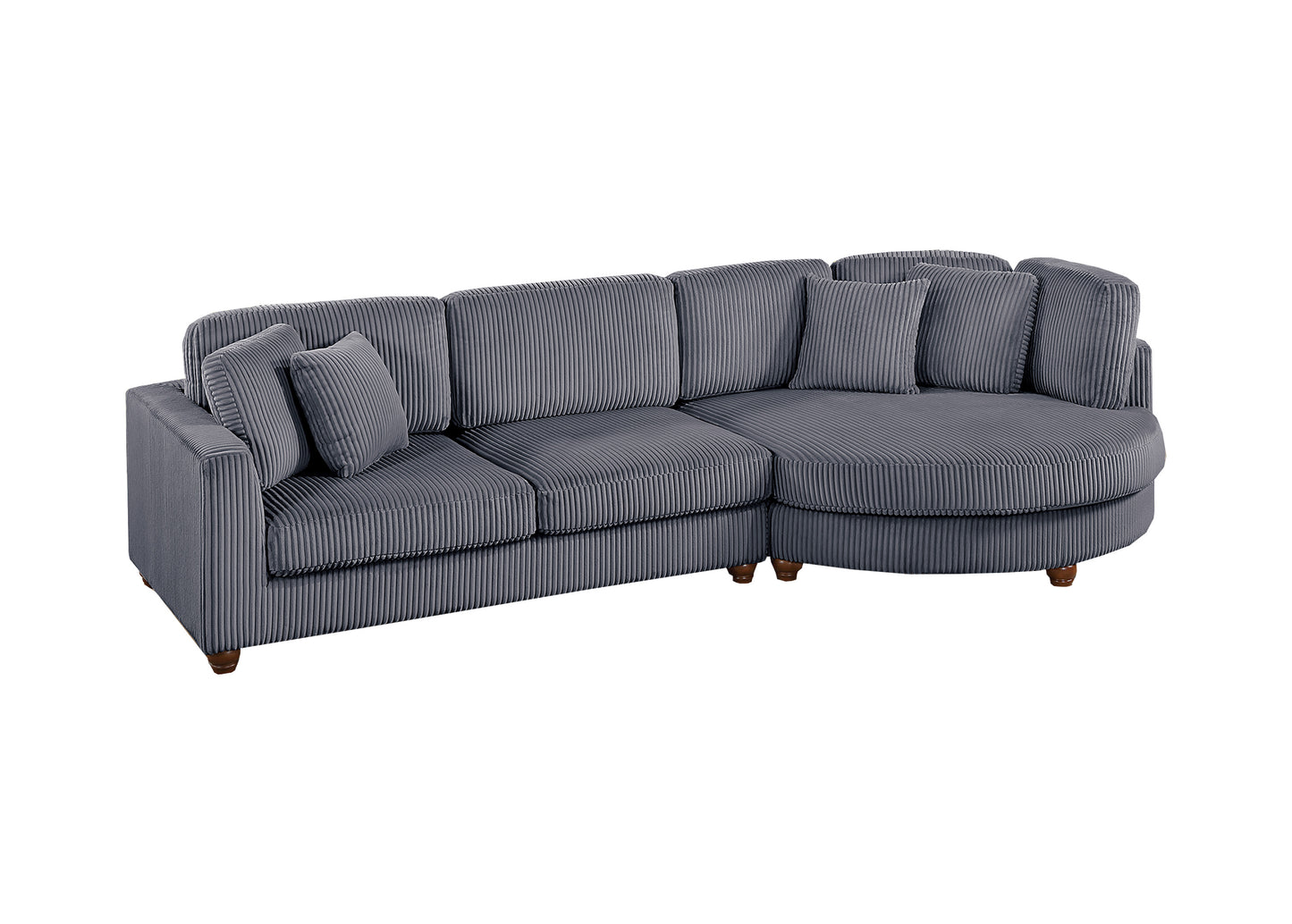 Dark grey corduroy Lshaped sectional sofa with plush cushions and rounded chaise