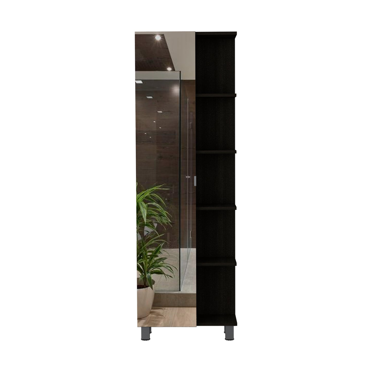 Sleek dark brown tall cabinet with open shelving ideal for modern bathroom storage solutions