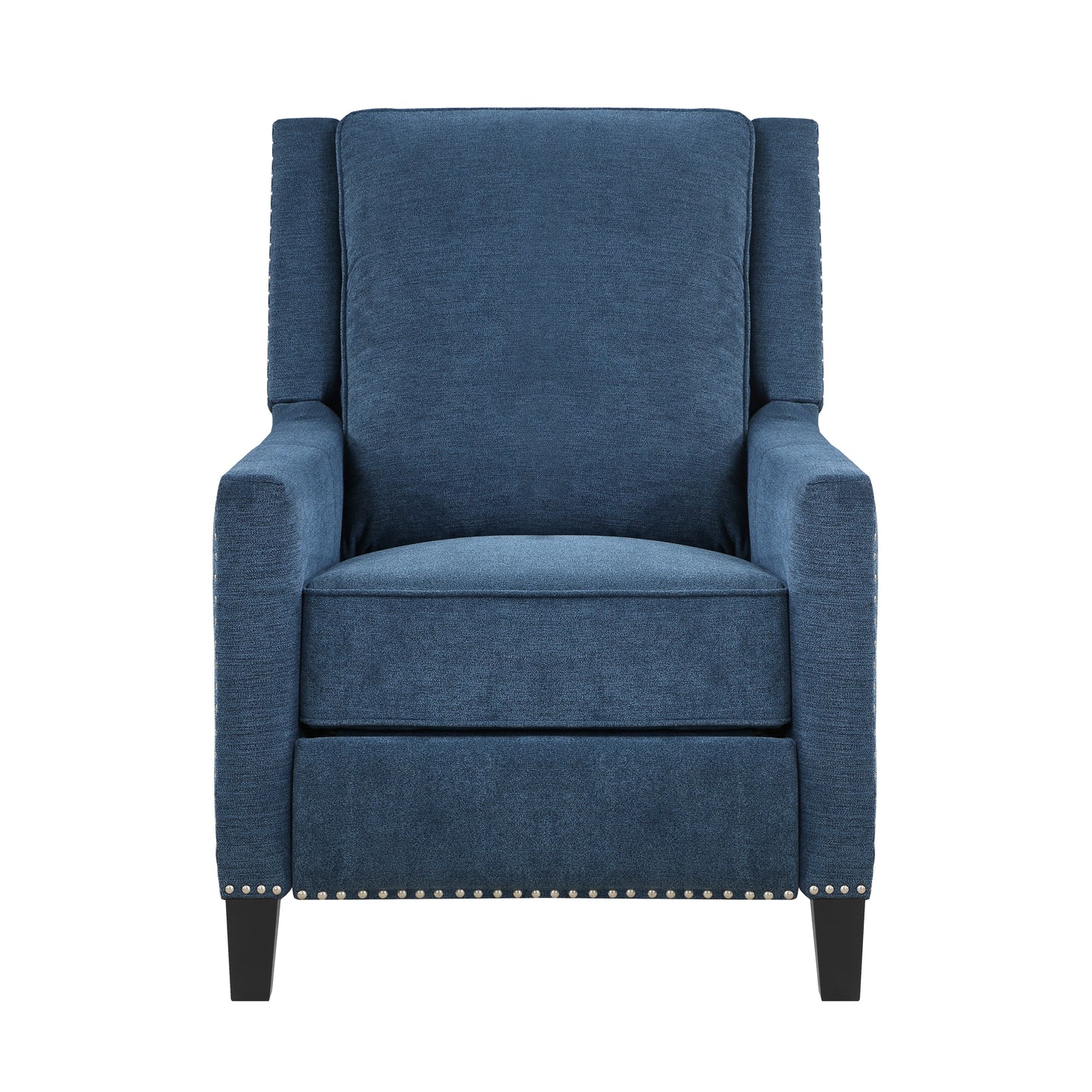 Deep blue fabric armchair with decorative nailhead trim and dark wood legs perfect for a living room