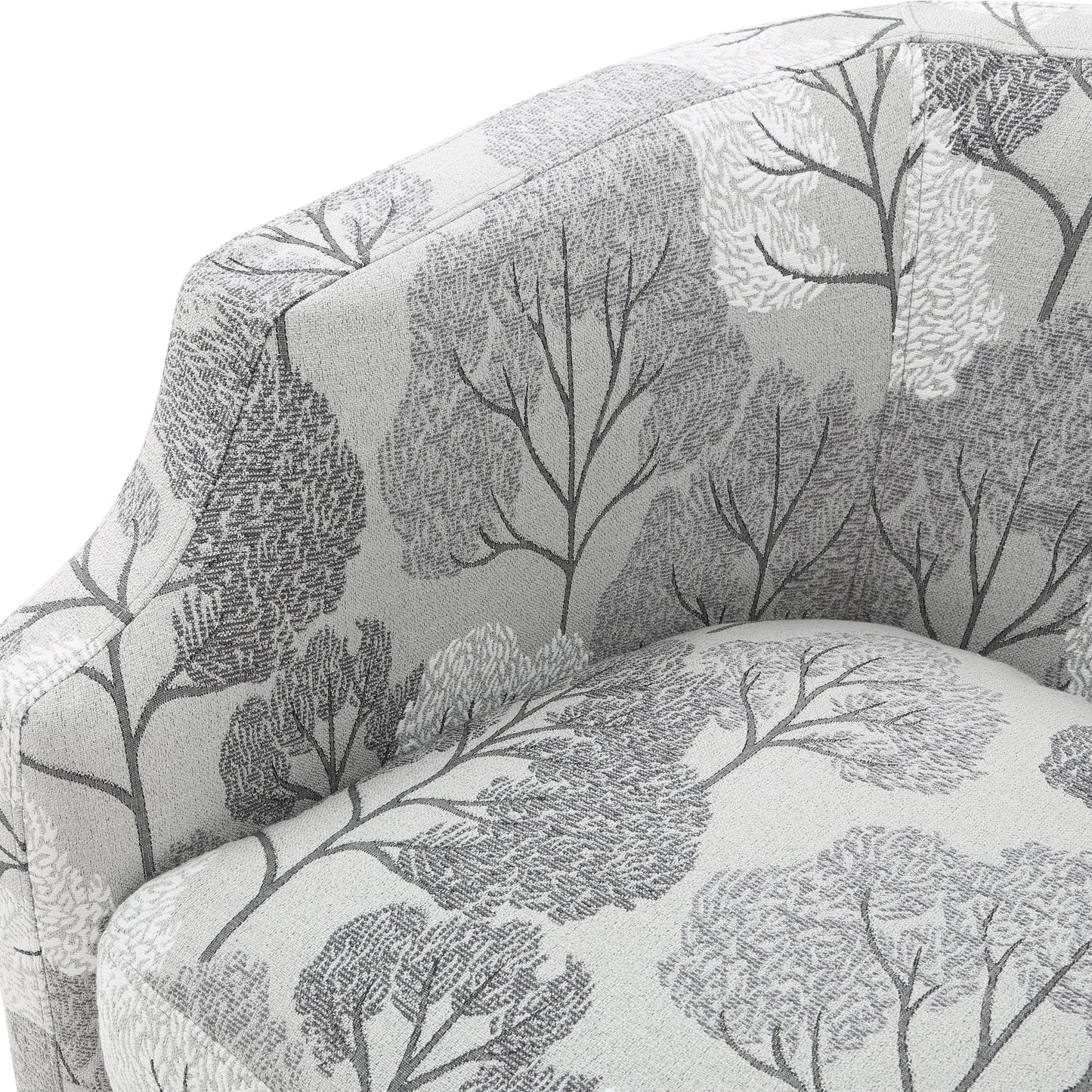 Grey upholstered accent chair with a grey and white tree pattern fabric