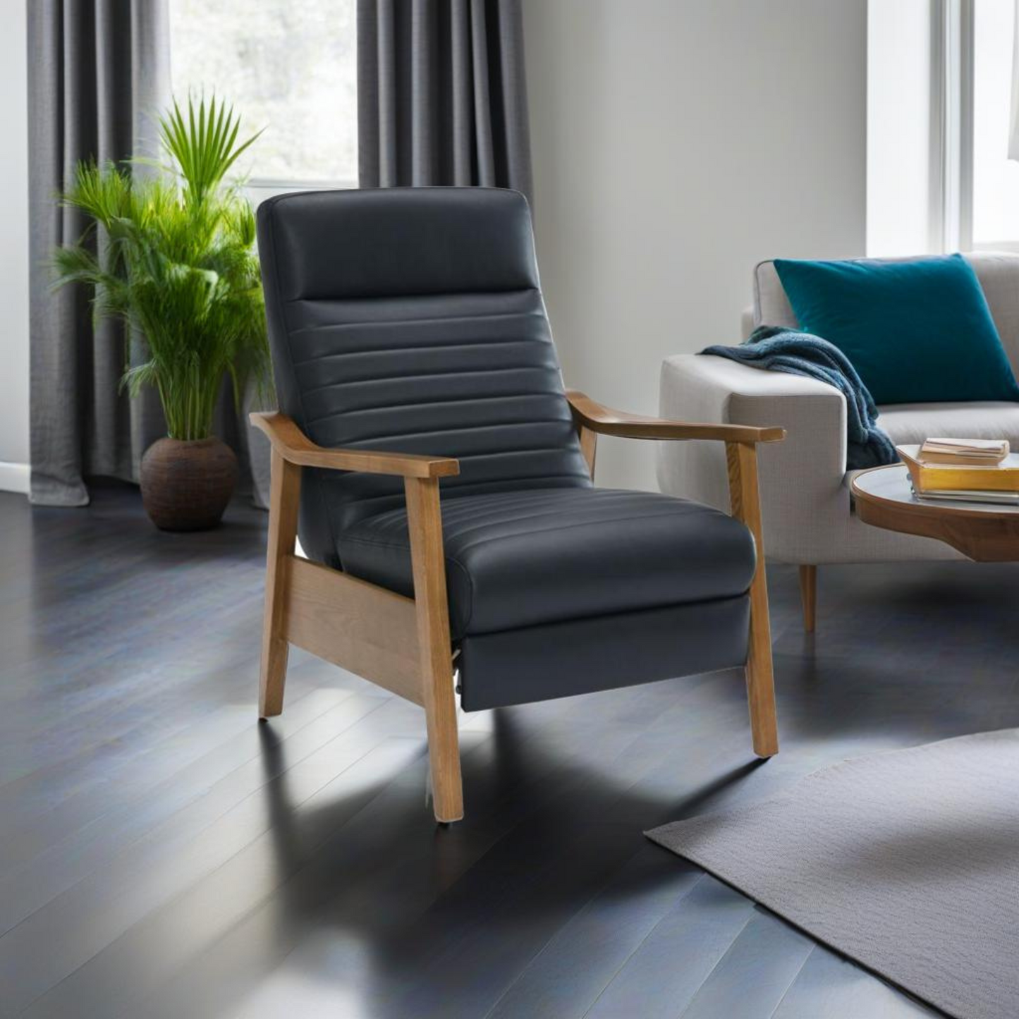 Dark gray leather recliner with wood accents in a modern living room