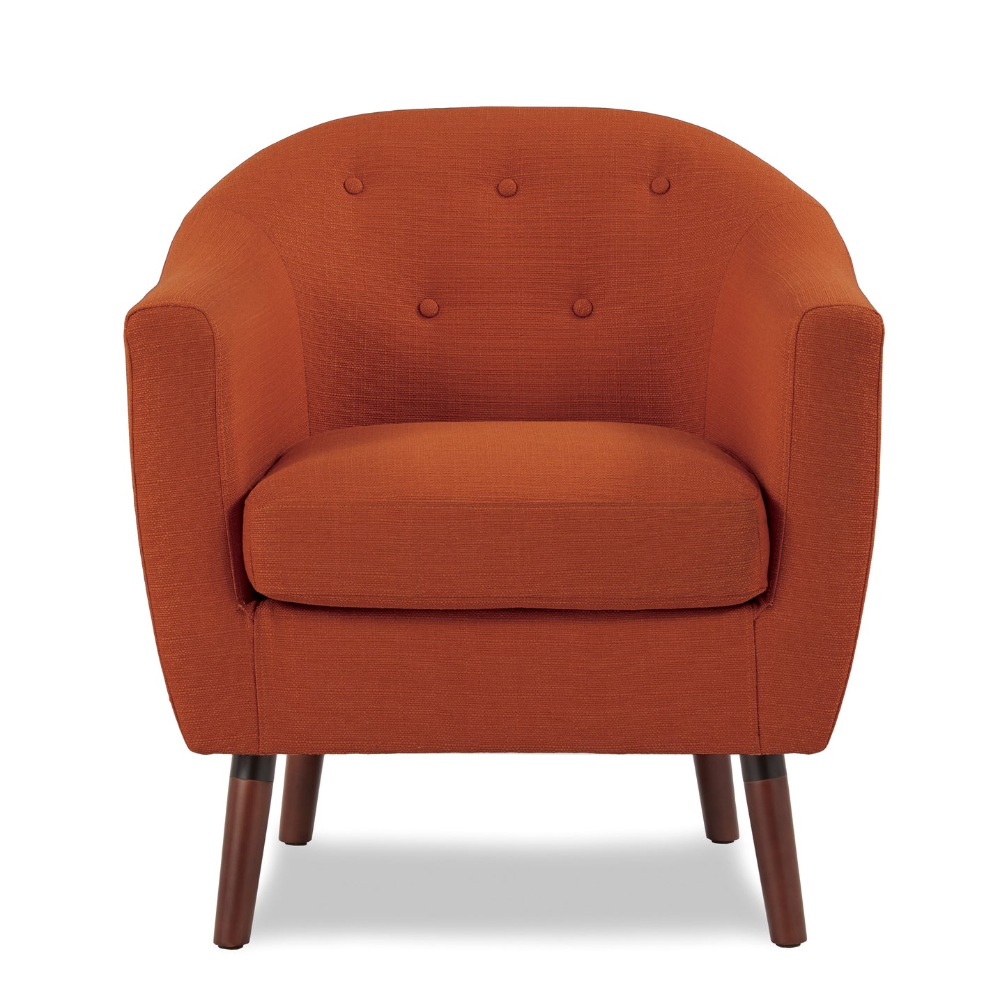 Orange tufted accent chair with textured fabric and dark wooden legs