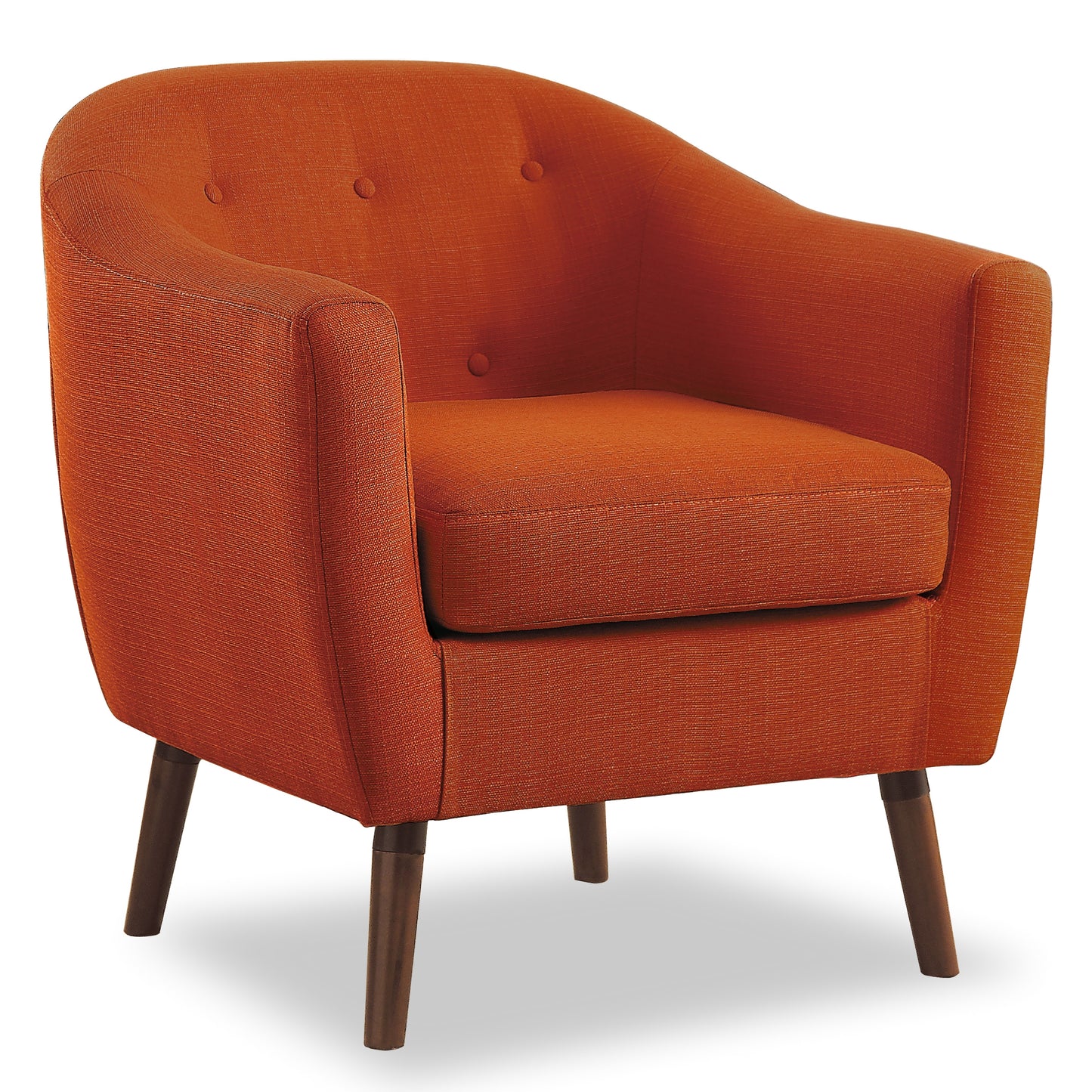 Orange textured accent chair with button tufting and dark wooden legs