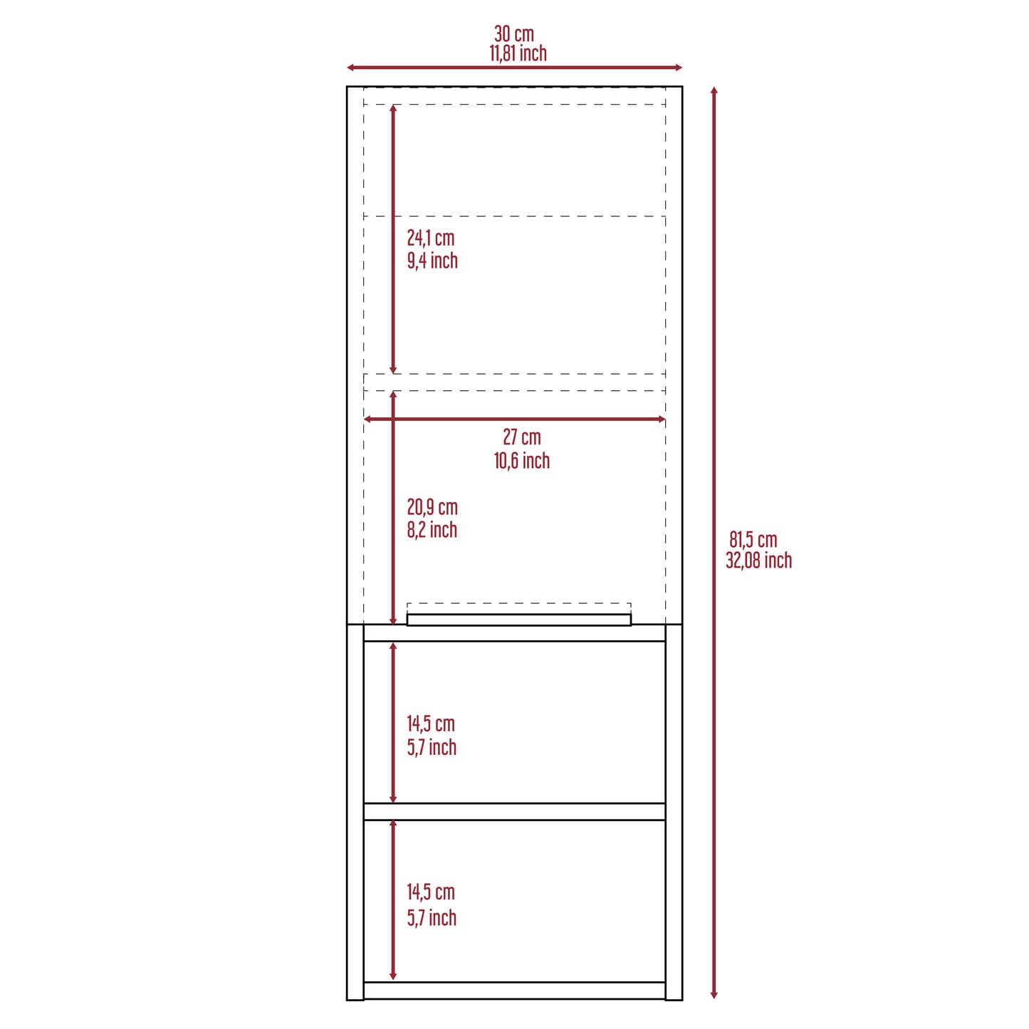Diagram showing a white cabinet with dimensions labeled in cm and inches for overall height width and shelf depths