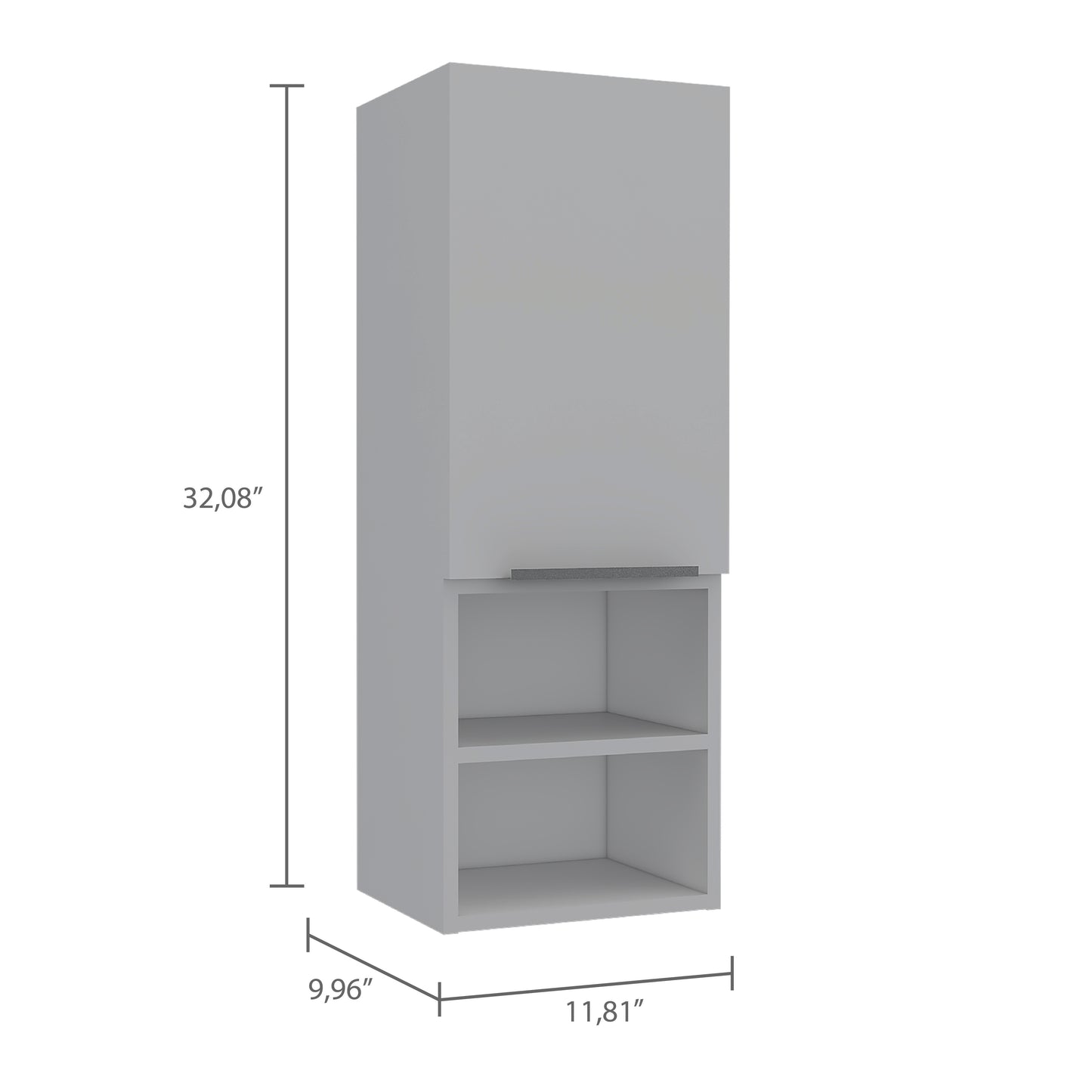 Gray modern wall cabinet with two open shelves and single door storage