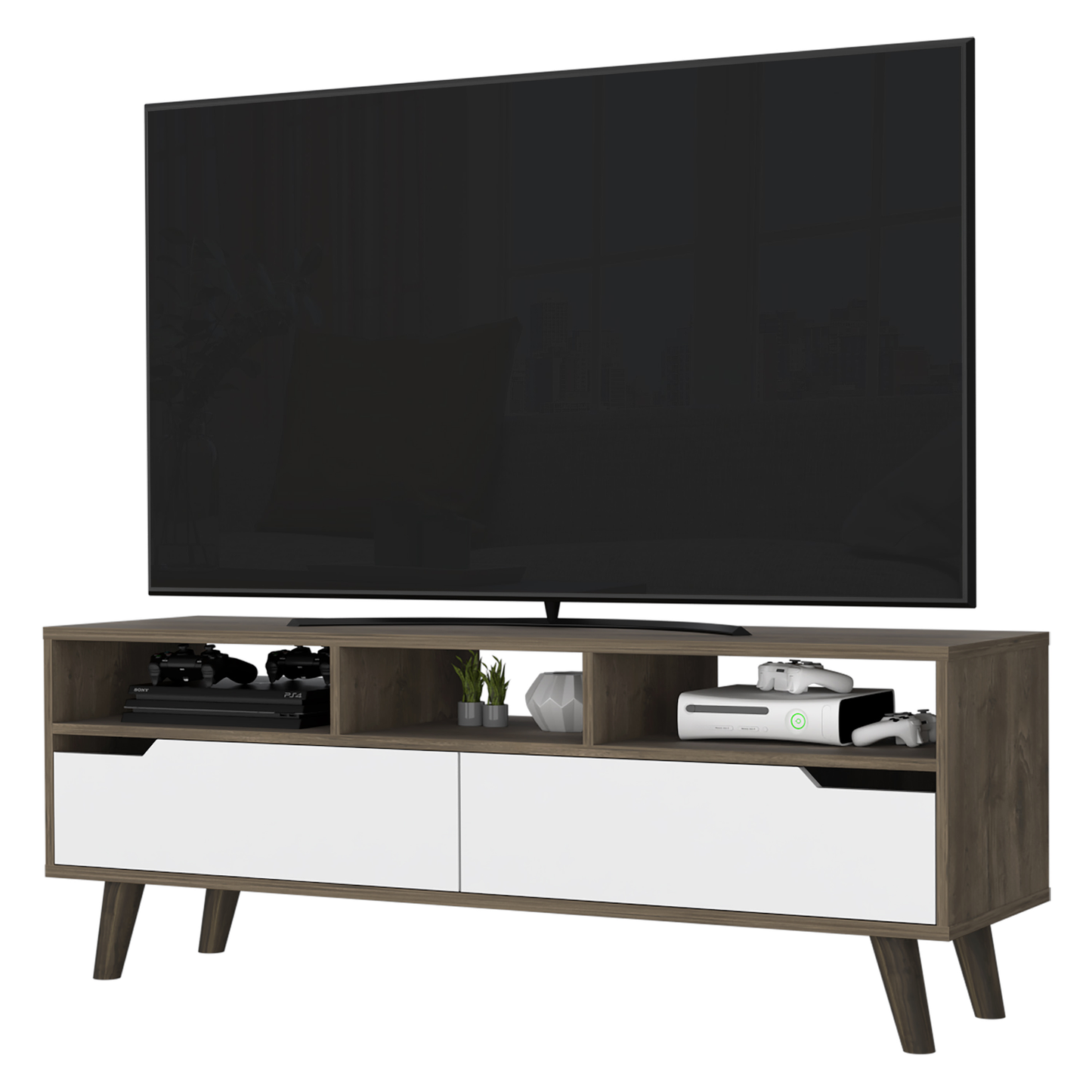 Modern media console with wood finish and white drawers holding gaming consoles and controllers