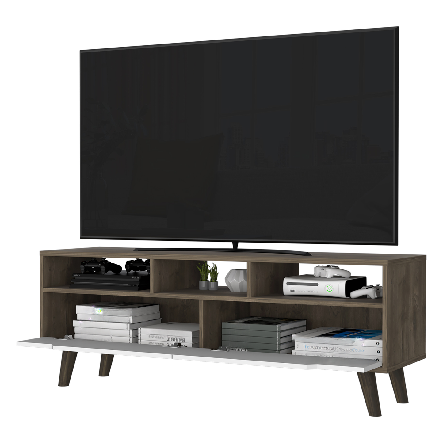 Modern wood entertainment center with storage for consoles controllers and media