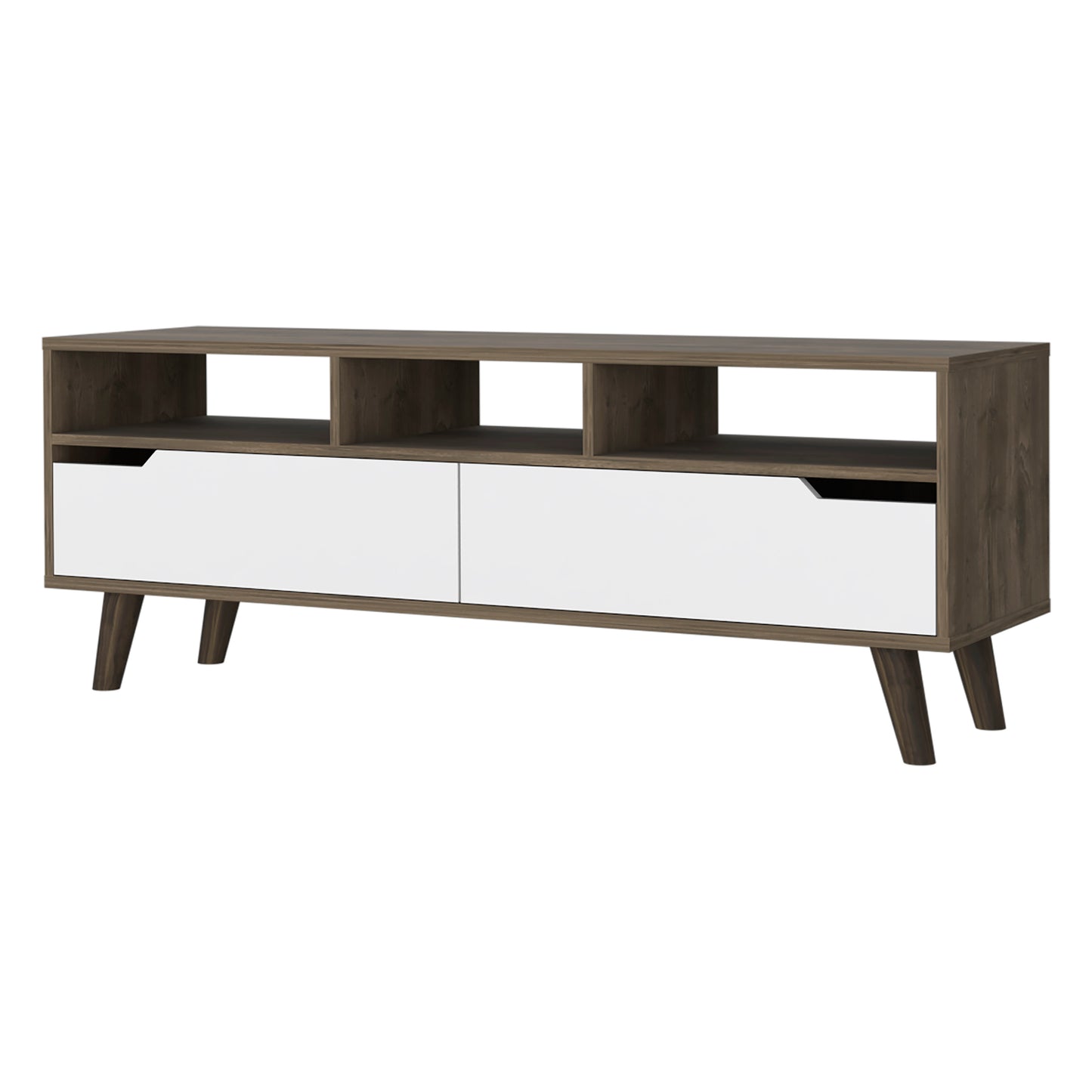 Modern walnut and white TV stand with two drawers and open shelving