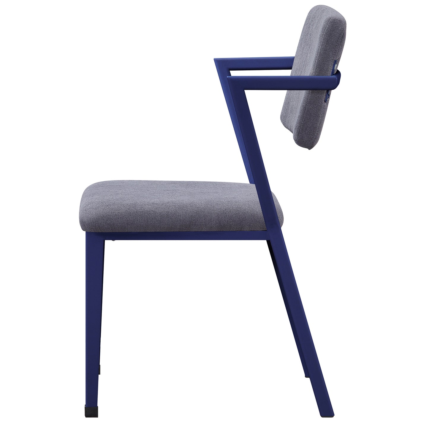 Modern dining chair with grey upholstered seat and back on a navy blue metal frame