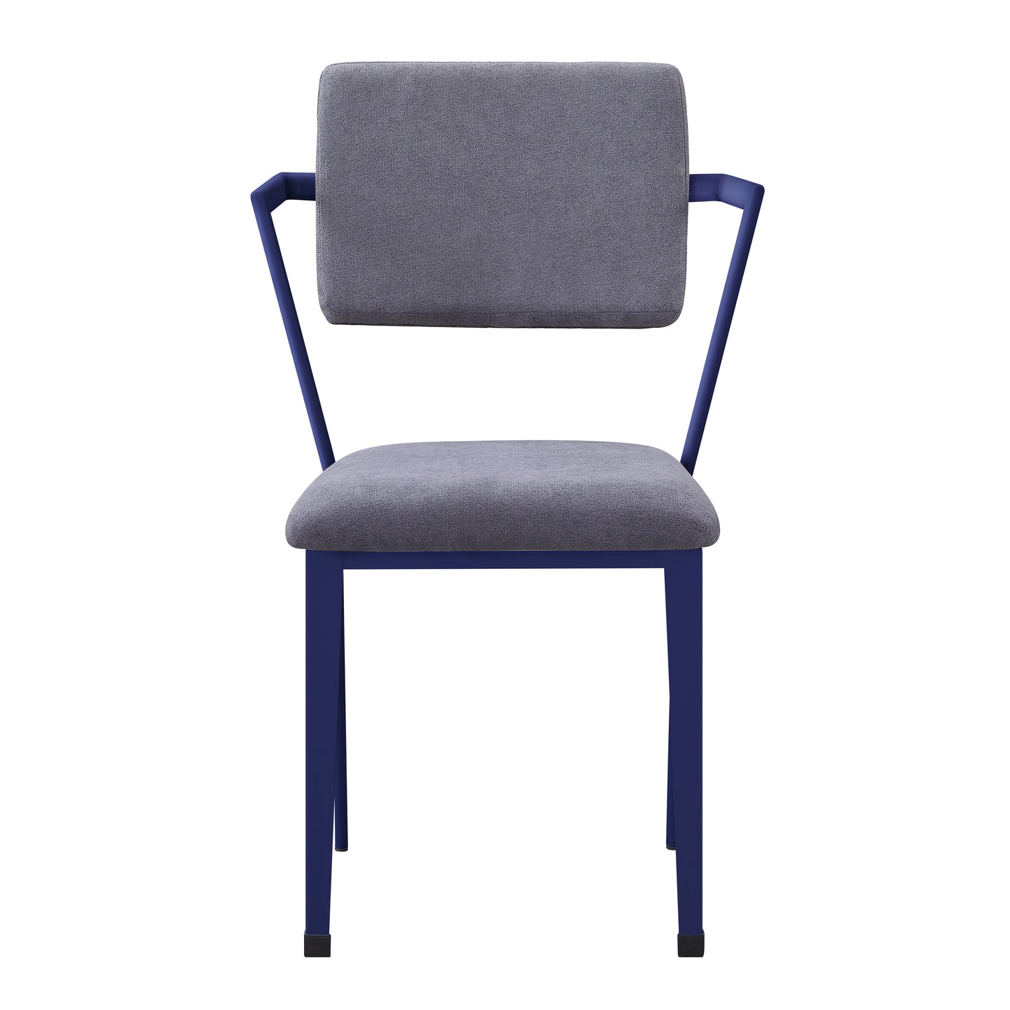Grey upholstered dining chair with dark blue metal frame