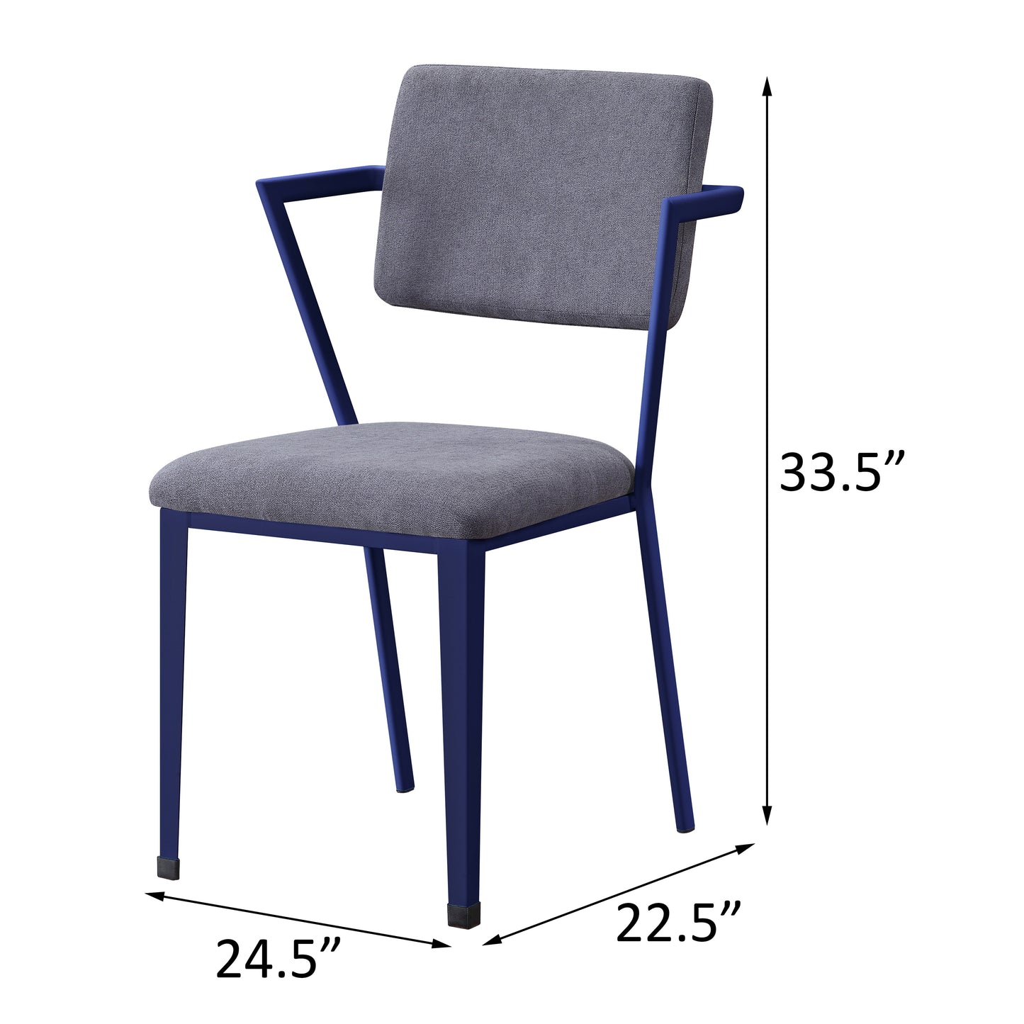 Gray upholstered dining chair with blue metal legs and arms