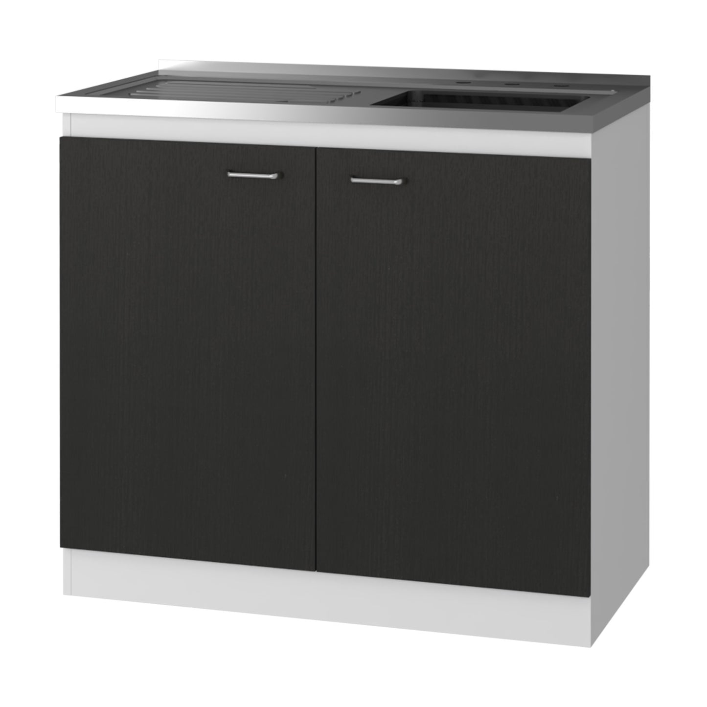 Modern black wood grain kitchen cabinet with silver handles and stainless steel countertop