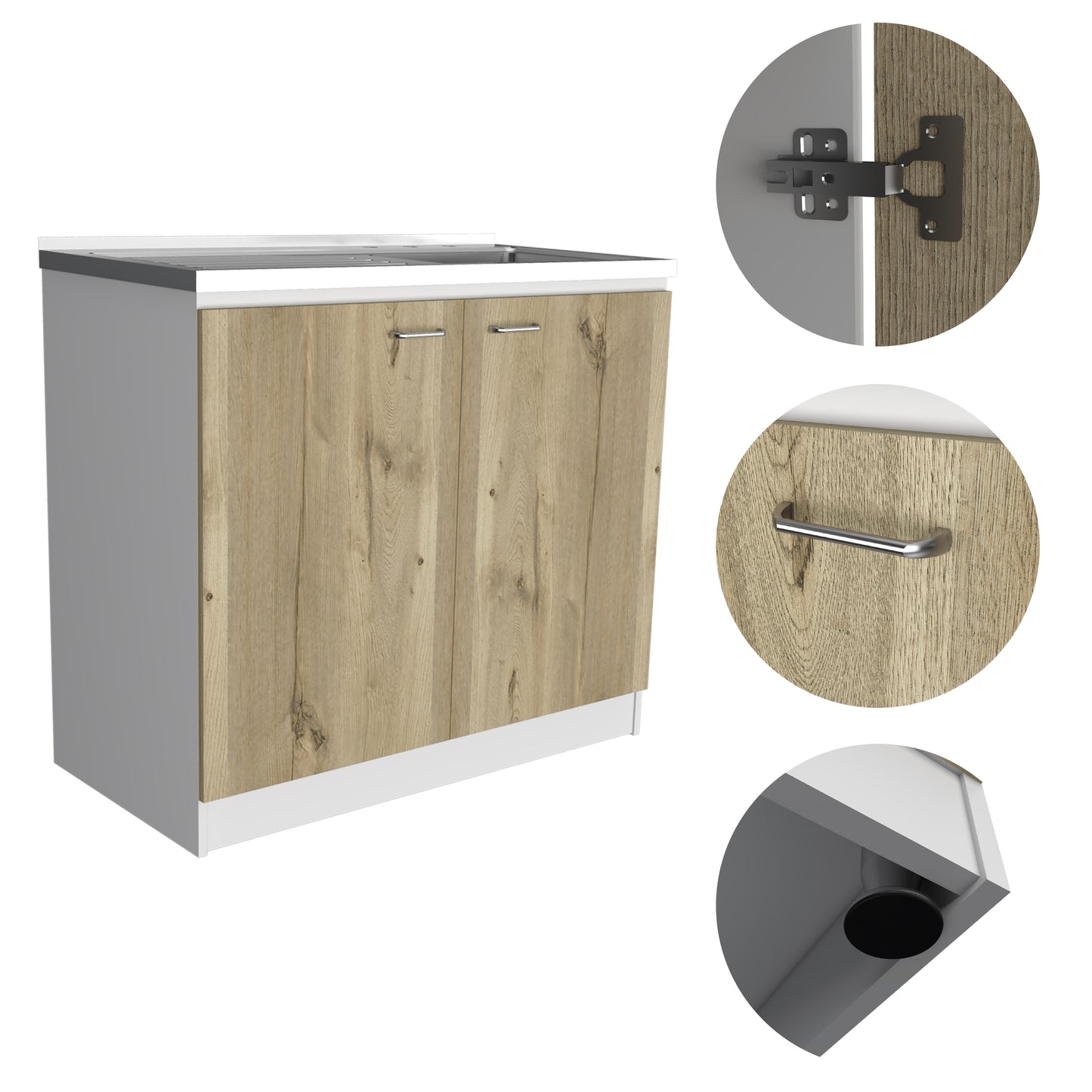 White and wood effect cabinet with two doors and silver handles