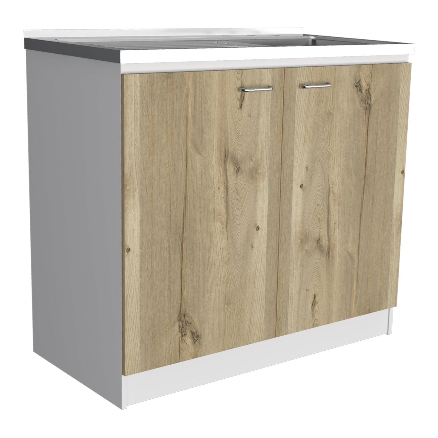 White and light oak wood kitchen cabinet base unit with chrome handles