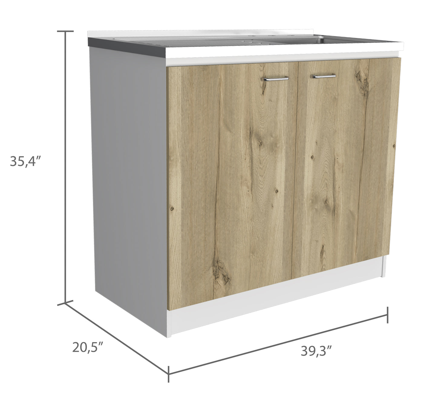 Gray and oak kitchen base cabinet with double doors and silver handles