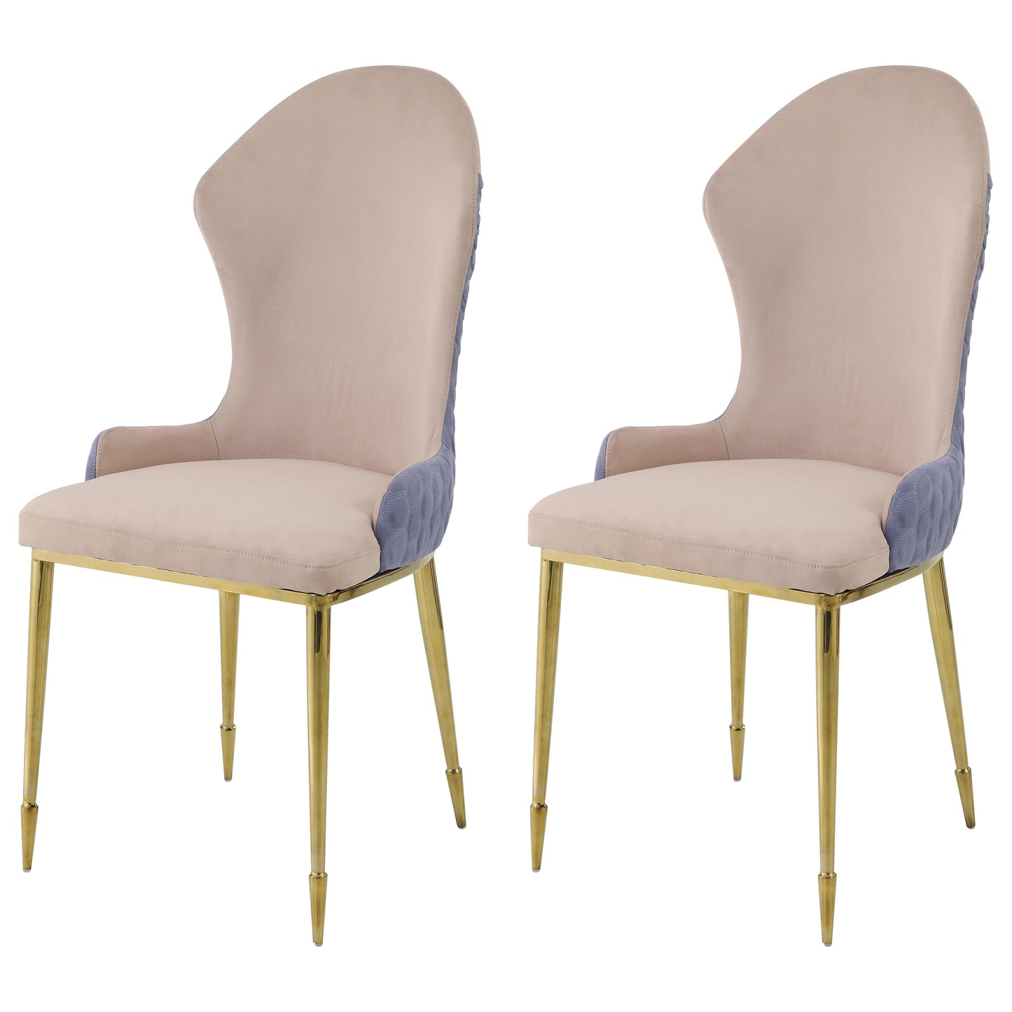 Two plush beige accent chairs with quilted blue sides and gold legs