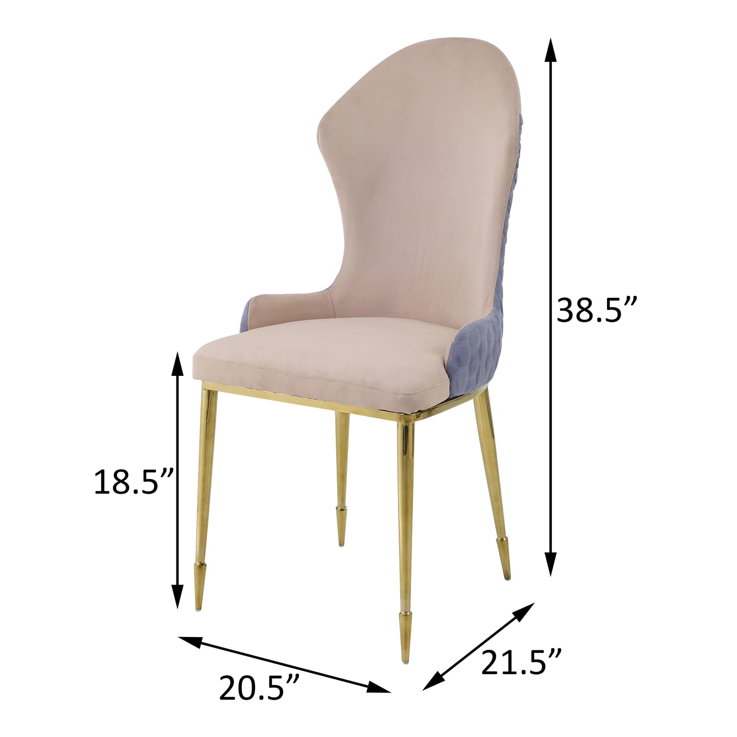 Beige and blue velvet dining chair with gold legs and a high back