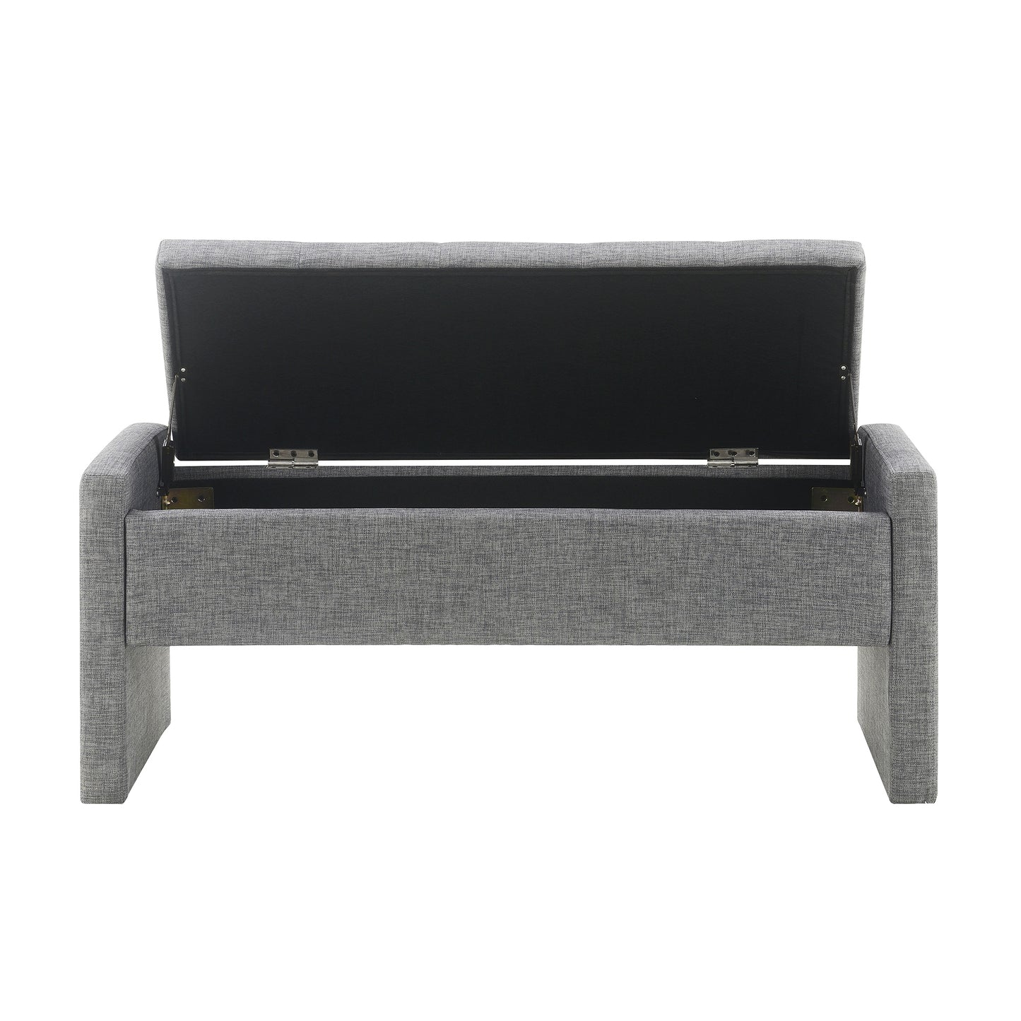 Grey fabric storage bench with lifttop lid open