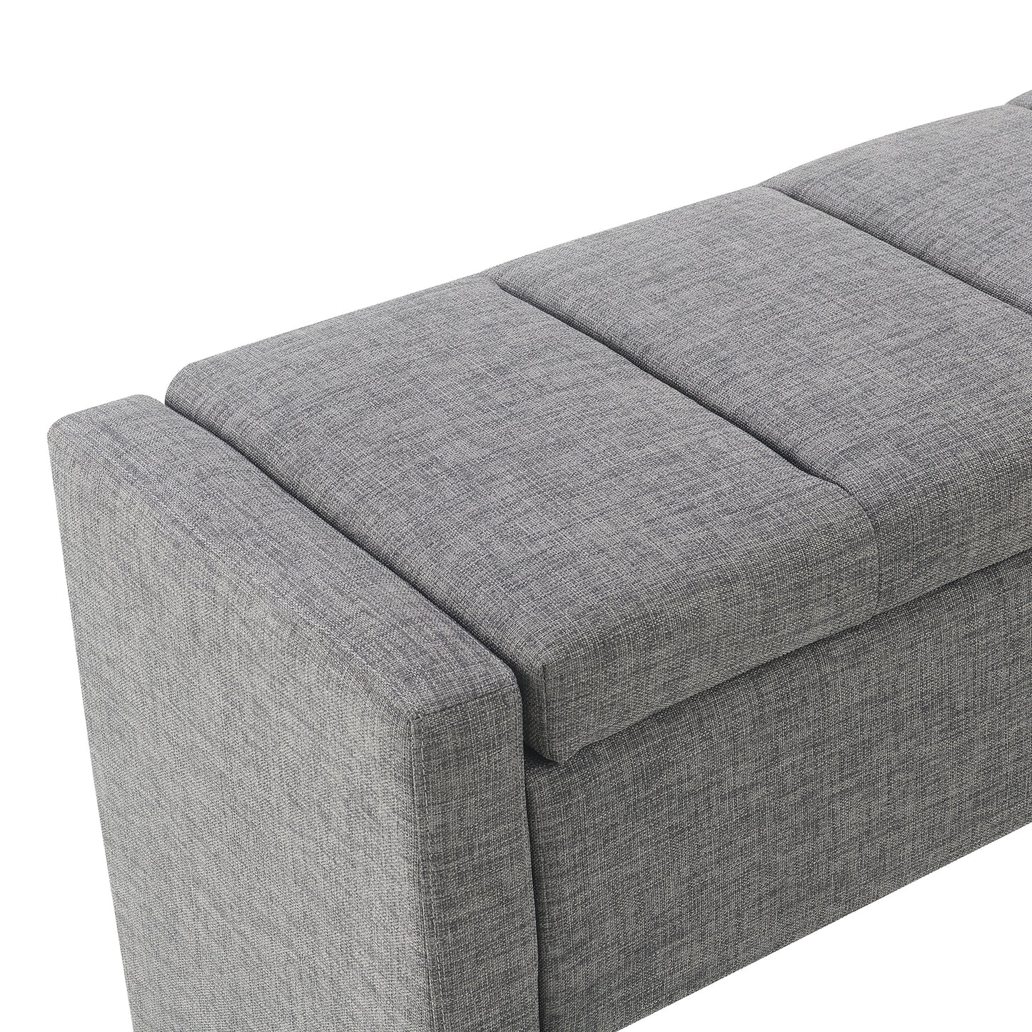 Gray fabric storage ottoman with tufted top and clean lines