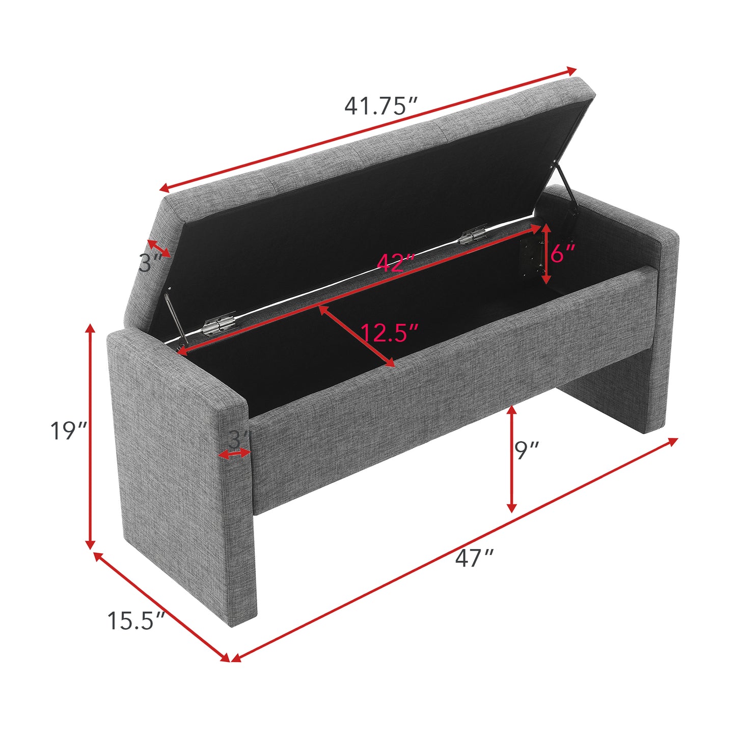Grey fabric storage bench with open lid showing interior dimensions