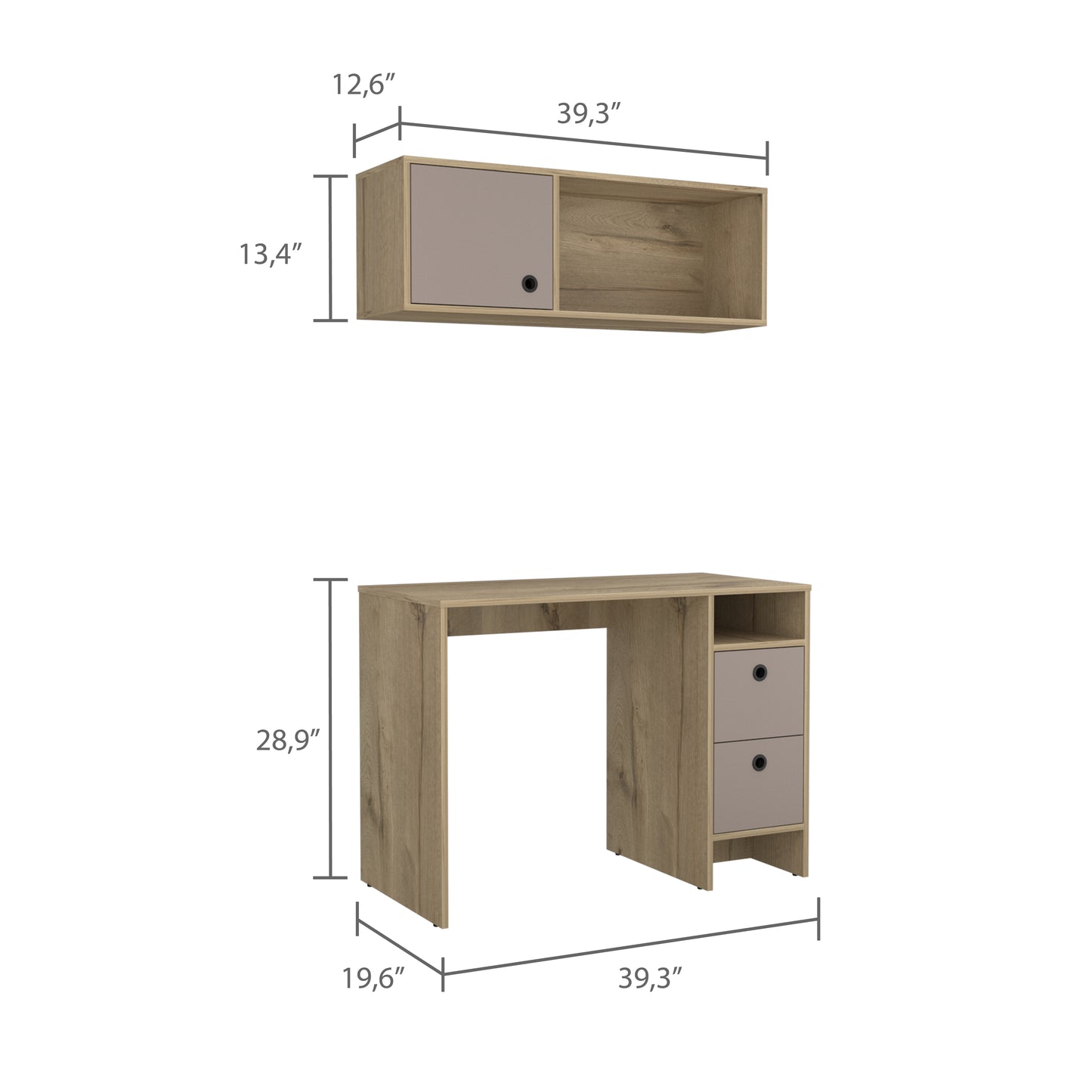 Oak effect desk with taupe drawer fronts and an open shelving unit above