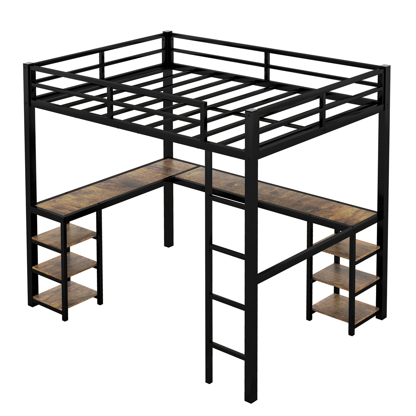 Black metal loft bed with wood grain desk and shelves