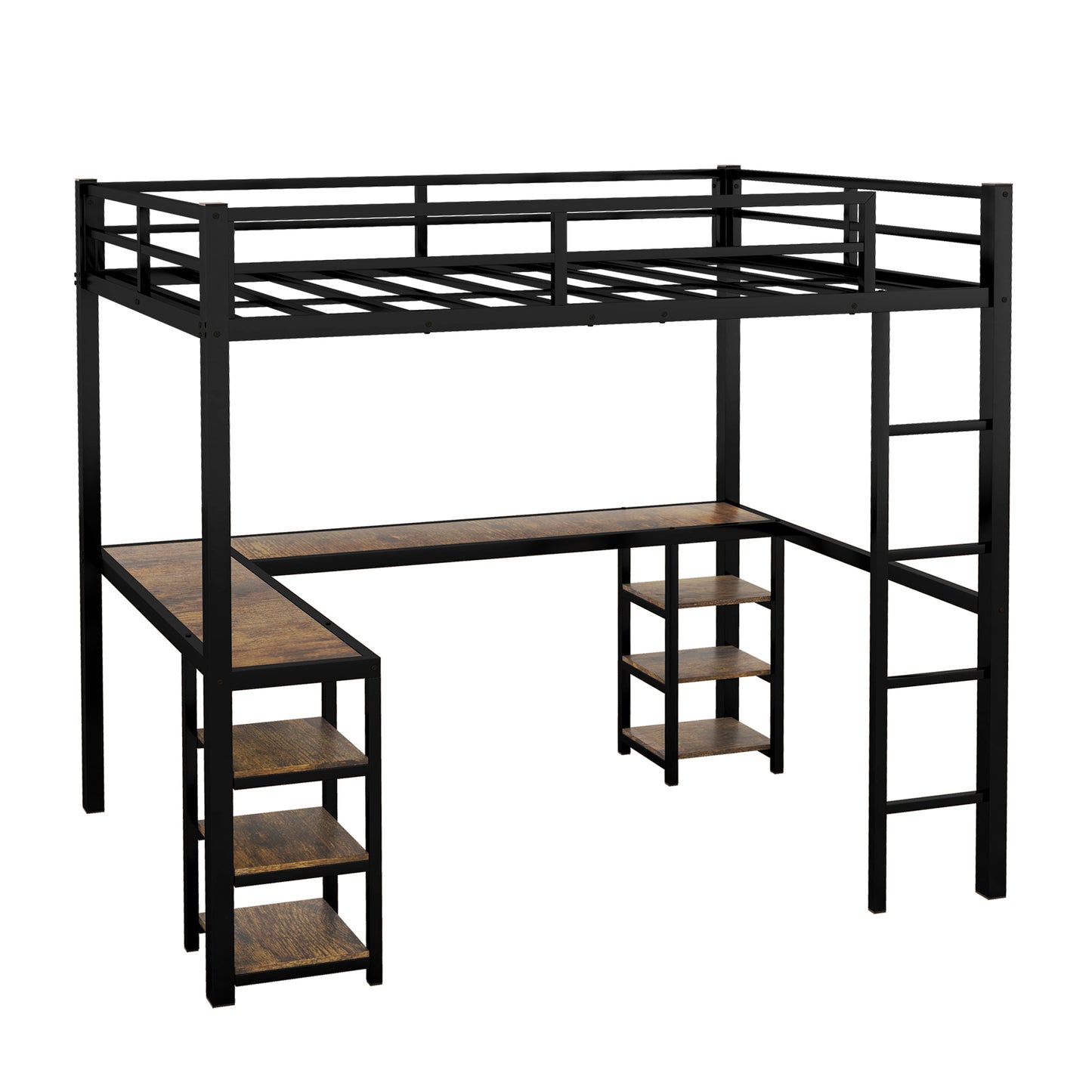 Black metal loft bed with Lshaped desk and shelves