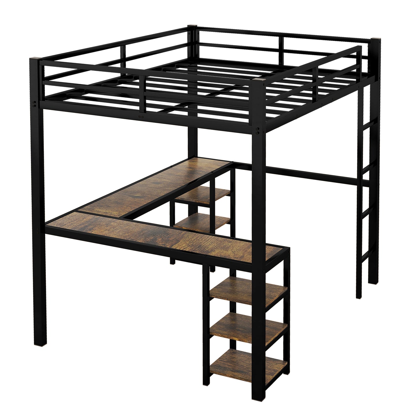 Black metal loft bed with woodgrain desk and shelves
