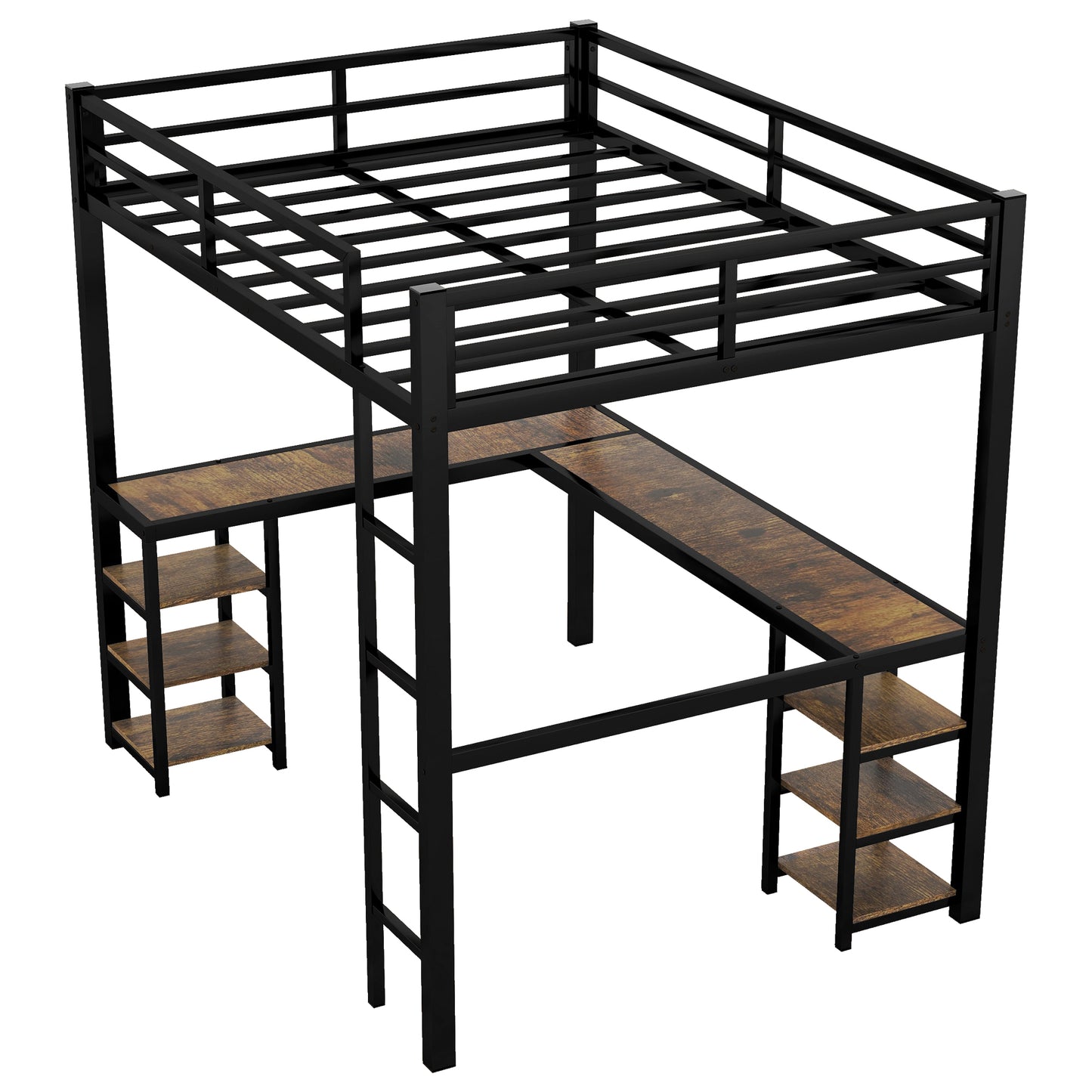 Black metal loft bed with wood desk and shelves