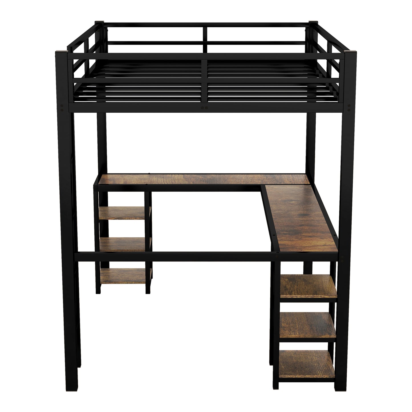 Black metal loft bed with Lshaped desk and rustic wood shelves