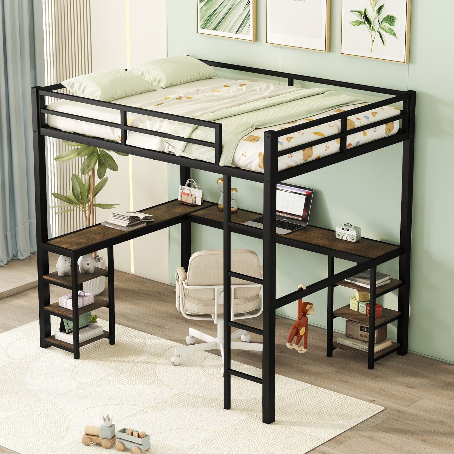 Black metal loft bed with wood desk