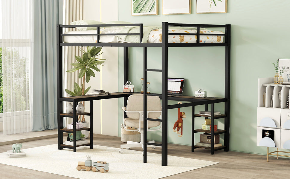 Black metal loft bed with integrated Lshaped desk and storage shelves