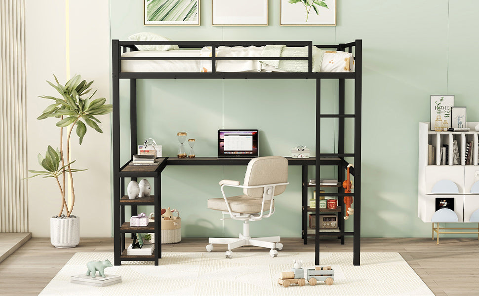 Black metal loft bed with desk and shelves
