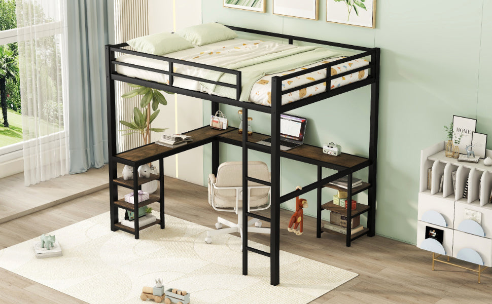 Black metal twin loft bed with Lshaped desk and shelves