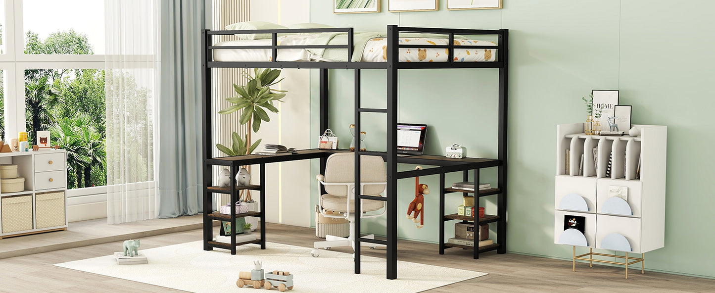 Black metal loft bed with Lshaped desk and integrated shelving