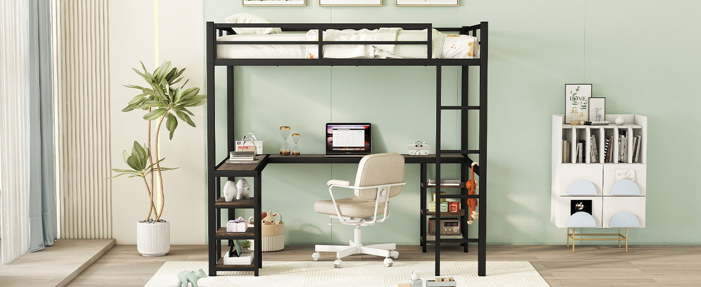 Black metal loft bed with builtin desk and shelving
