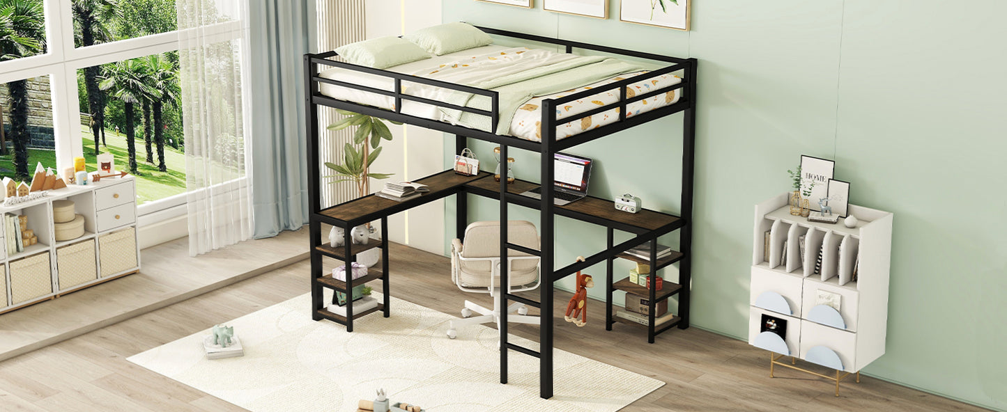 Black metal loft bed with Lshaped desk and wood shelves