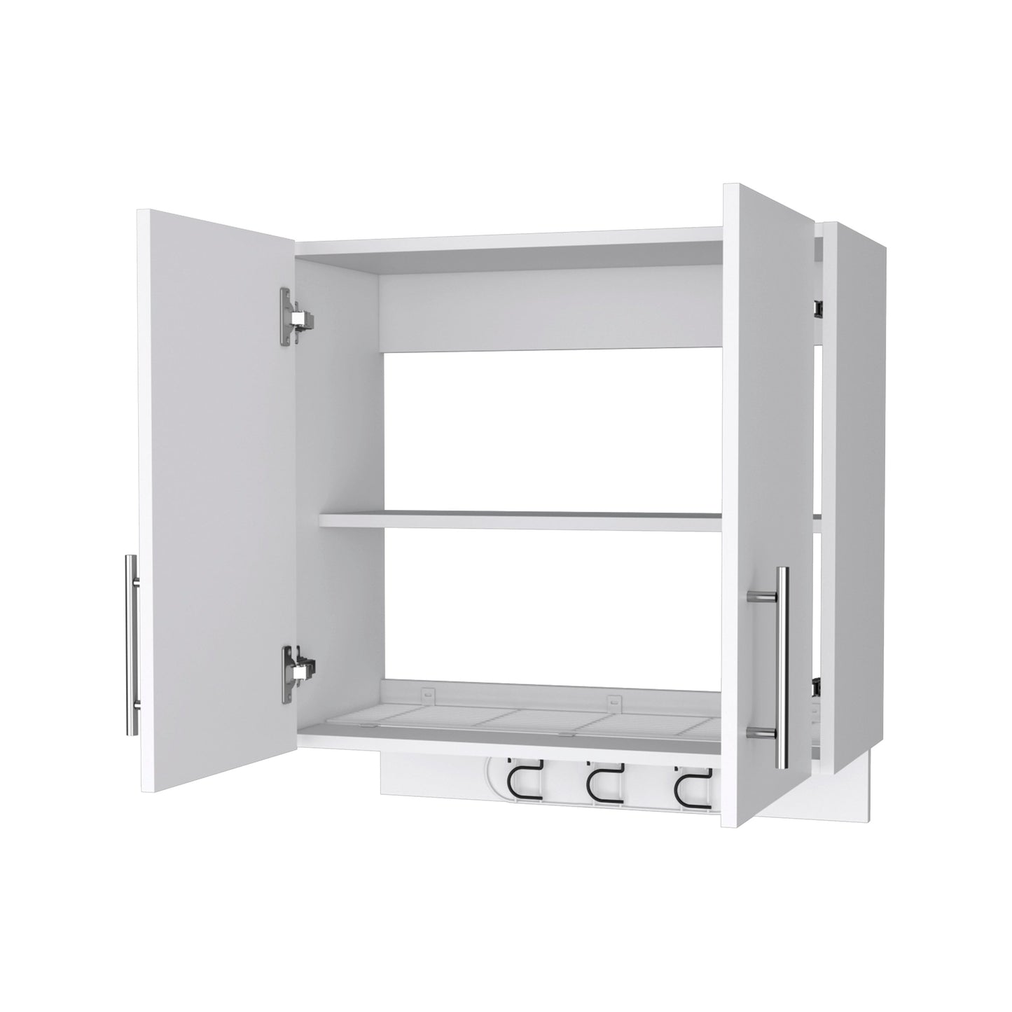White modern wall cabinet with two open doors silver handles and interior shelves