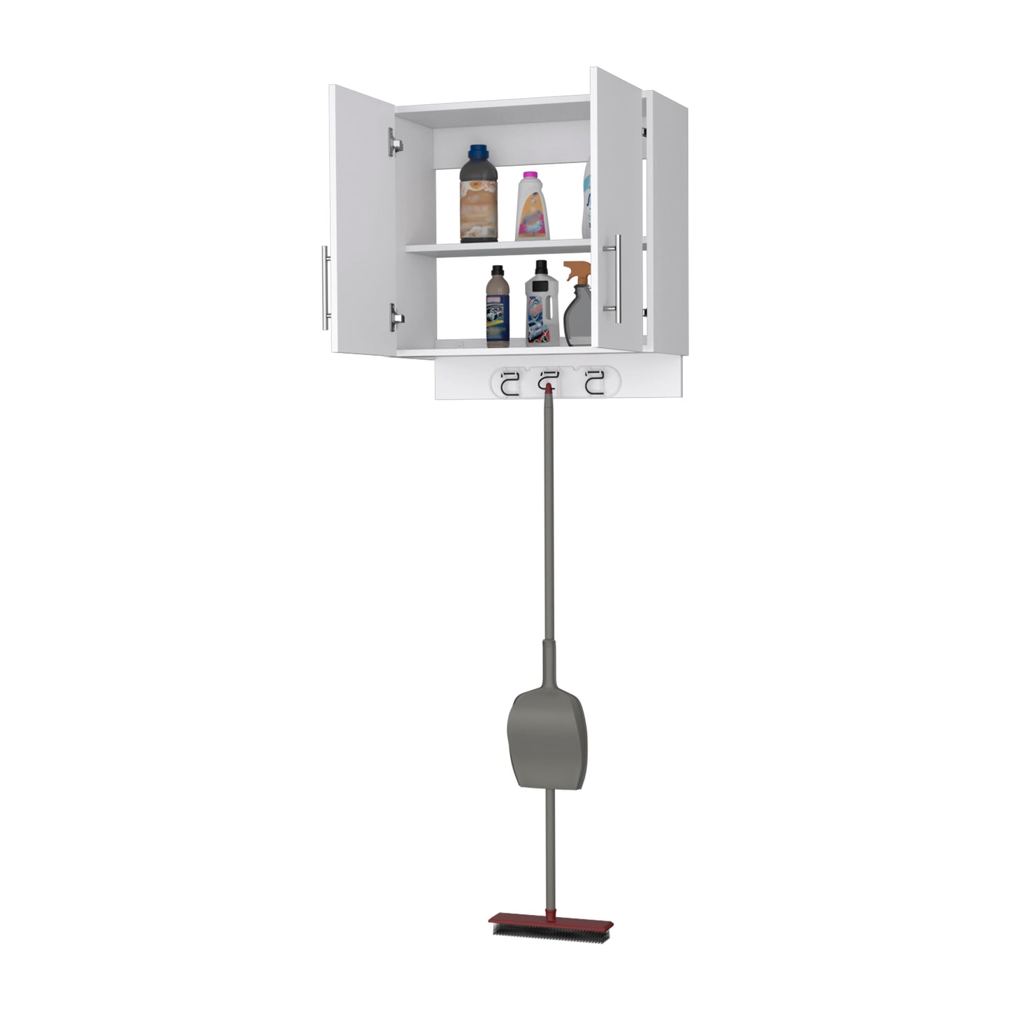 White wallmounted cabinet with cleaning supplies and broom holder