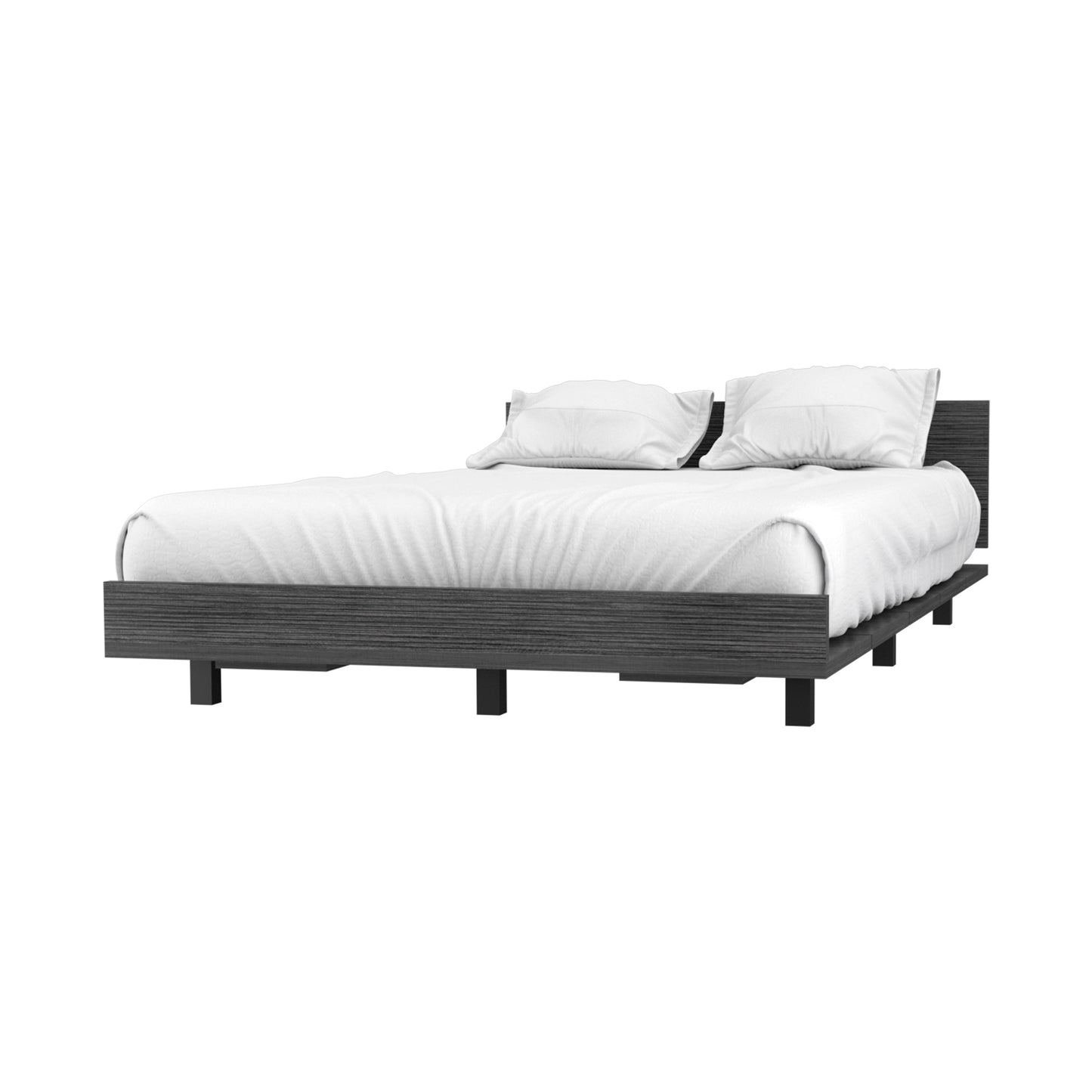 Modern platform bed frame with dark wood grain finish and white linens