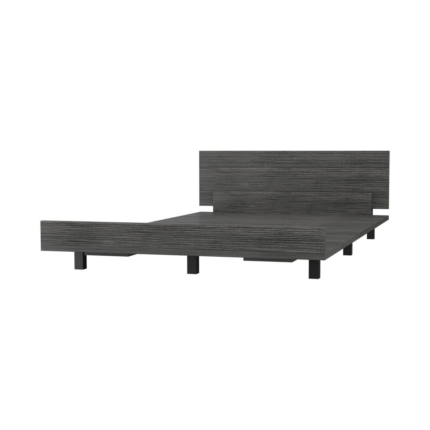 Modern platform bed frame with dark gray wood grain finish and black metal legs