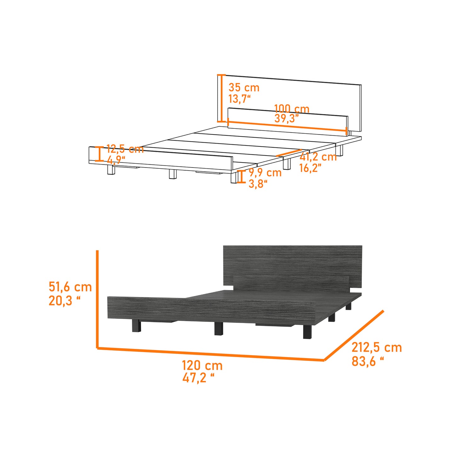 Line drawing of a modern dark gray wood grain platform bed frame with dimensions shown