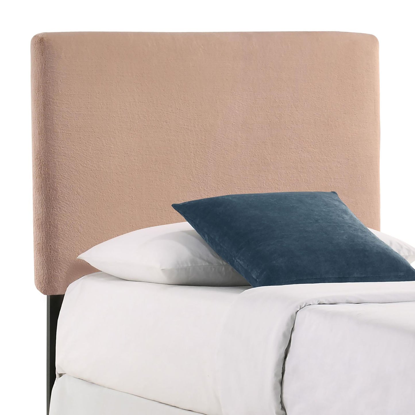 Tan velvet upholstered headboard with clean lines accent pillows