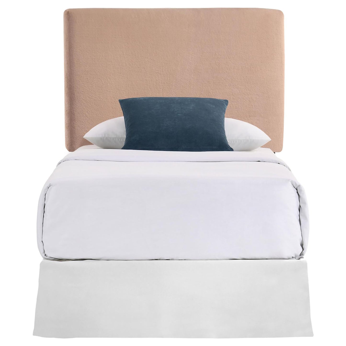 Single bed with plush tan headboard and crisp white bedding